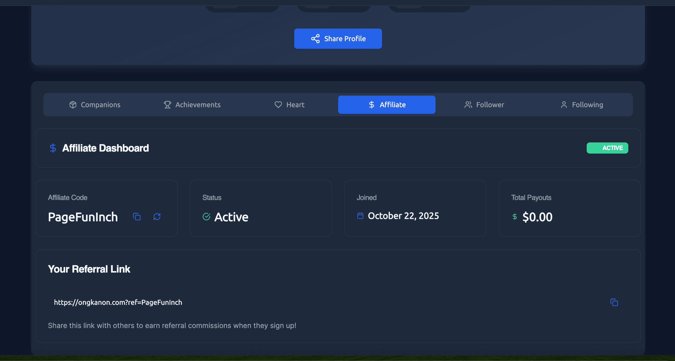 Screenshot about affiliate program in Ongkanon Screenshot about affiliate program in Ongkanon