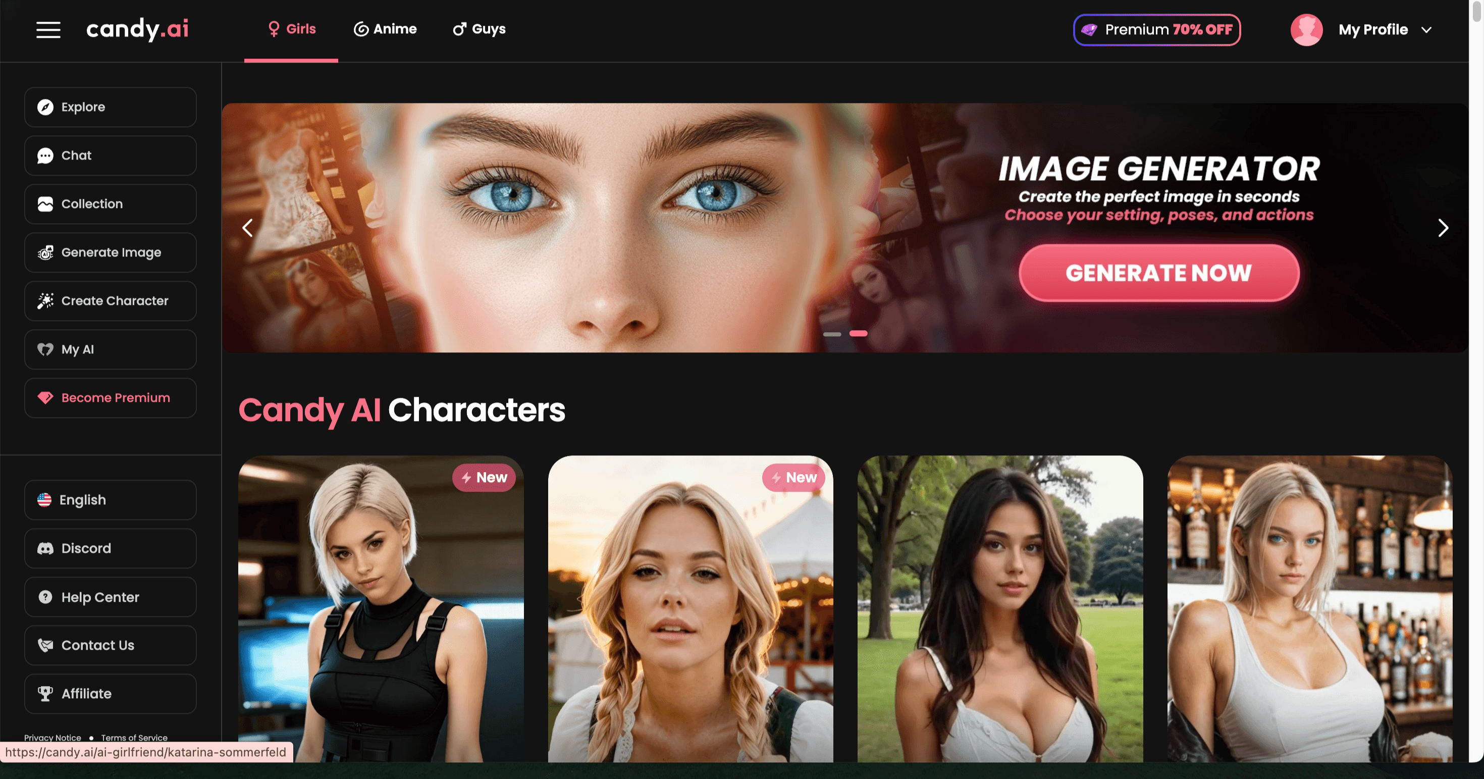 Candy.ai homepage showing diverse AI girlfriend gallery with character customization preview and premium features highlighted Candy.ai homepage showing diverse AI girlfriend gallery with character customization preview and premium features highlighted