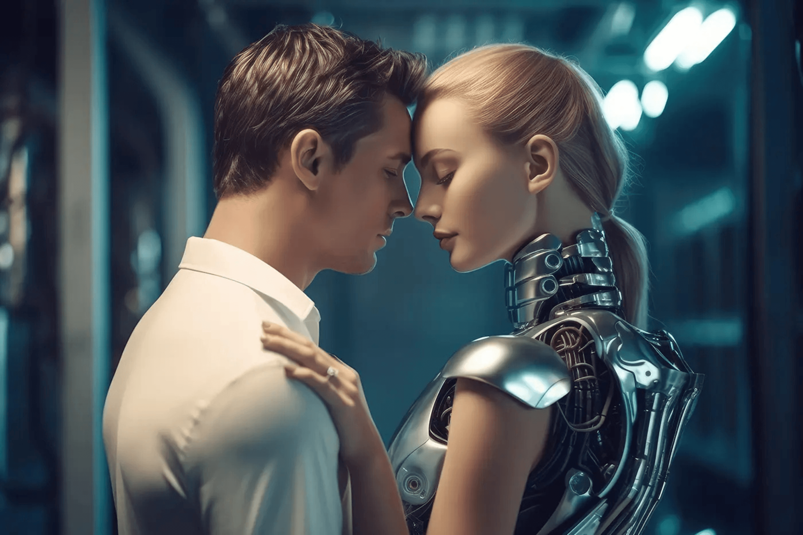 Picture of AI Girl and Human Touching Foreheads Picture of AI Girl and Human Touching Foreheads