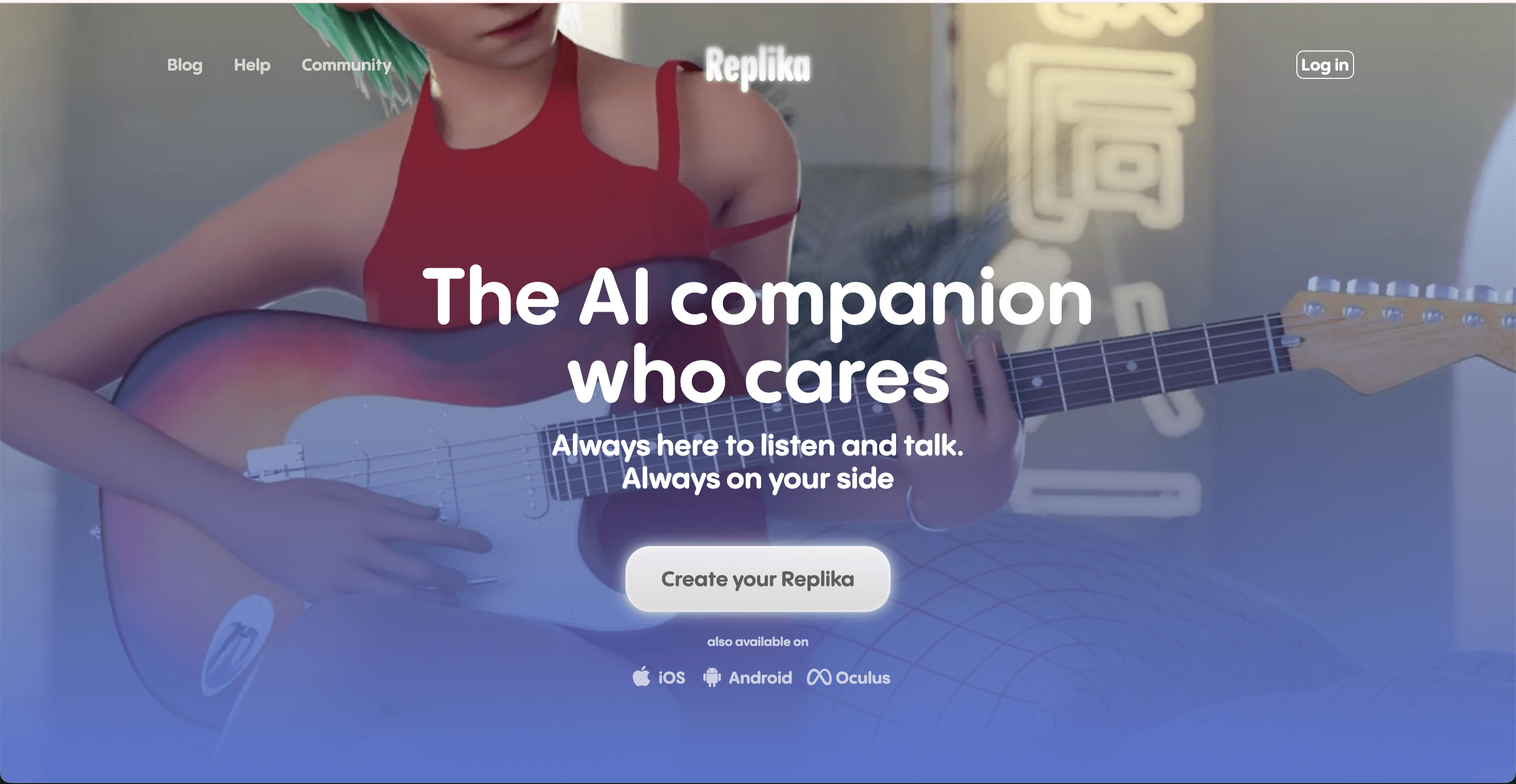 Replika homepage featuring avatar customization with privacy-focused design and wholesome relationship building tools Replika homepage featuring avatar customization with privacy-focused design and wholesome relationship building tools