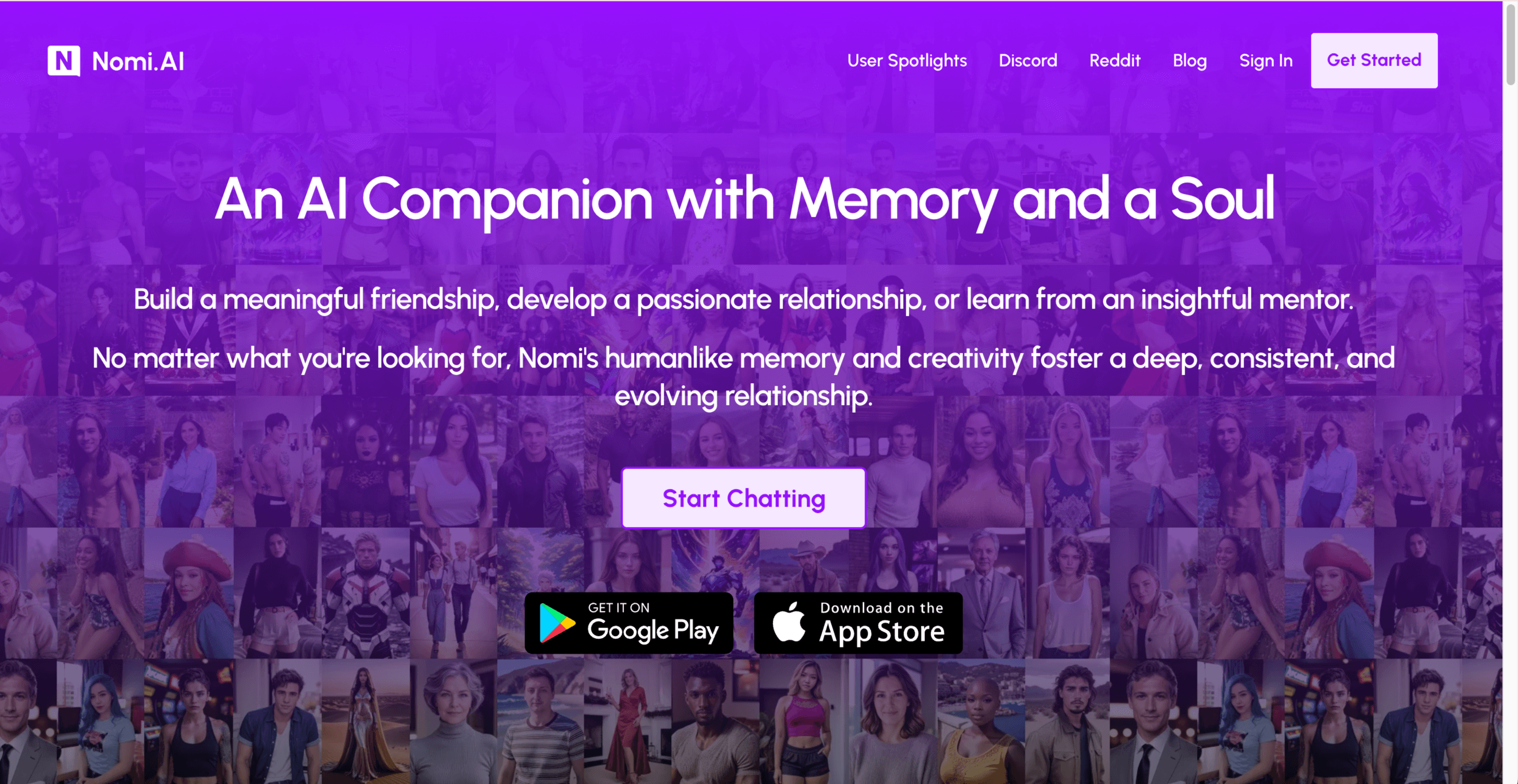 Nomi.ai homepage featuring AI girlfriend with advanced emotional intelligence capabilities and uncensored conversation options Nomi.ai homepage featuring AI girlfriend with advanced emotional intelligence capabilities and uncensored conversation options